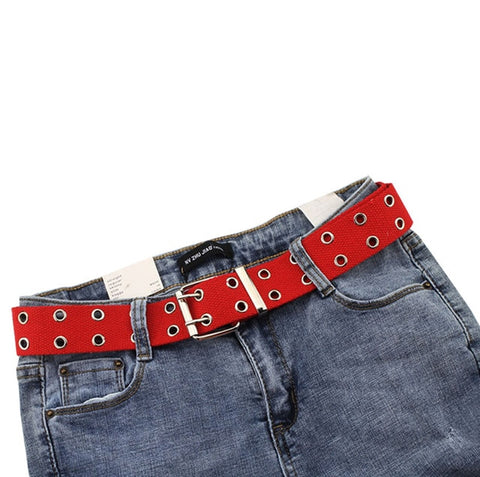 Best YBT Unisex Canvas Belt Alloy Double Row Hole Pin Buckle Belt Street Photo Fashion Lengthening Chic Hollow Belt With Chain