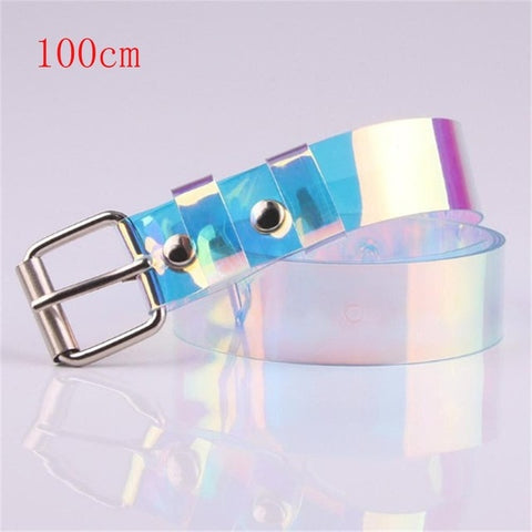 New Laser Women Belt Holographic Clear Waist Belt Metal Pin Buckle Transparent Waist Belts for Women Belt Waistband 100cm