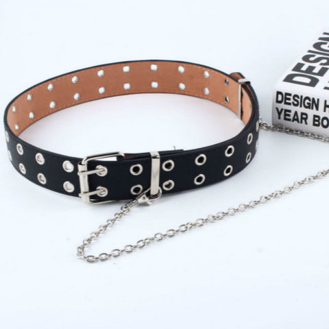 Women Punk Chain Fashion Belt Adjustable Black Double/Single Eyelet Grommet Leather Buckle Belt