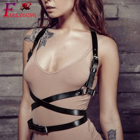 Fullyoung Dark Rock Street Strap Leather Harness Underwear 2 Piece Set Garter Women Sexy Body Cage Belts Waist To Leg Bondage