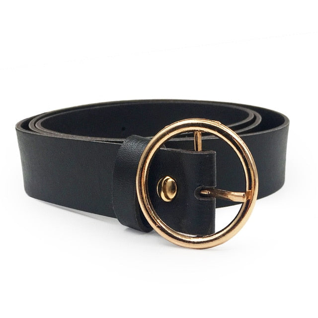 New Design Belt with Gold Buckle in Black PU Leather for Girls