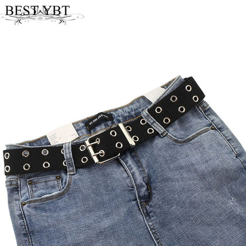 Best YBT Unisex Canvas Belt Alloy Double Row Hole Pin Buckle Belt Street Photo Fashion Lengthening Chic Hollow Belt With Chain