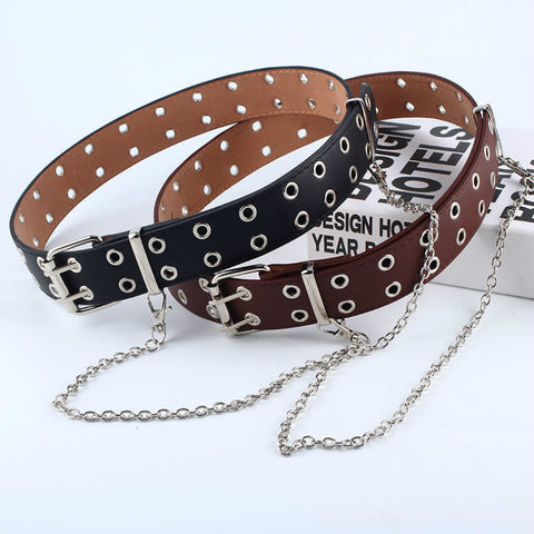 Women Punk Chain Fashion Belt Adjustable Black Double/Single Eyelet Grommet Leather Buckle Belt